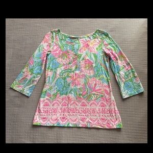 Lilly Pulitzer colorful Shirt Top 3/4 Sleeve Stretch Boat Neck XXS beautiful